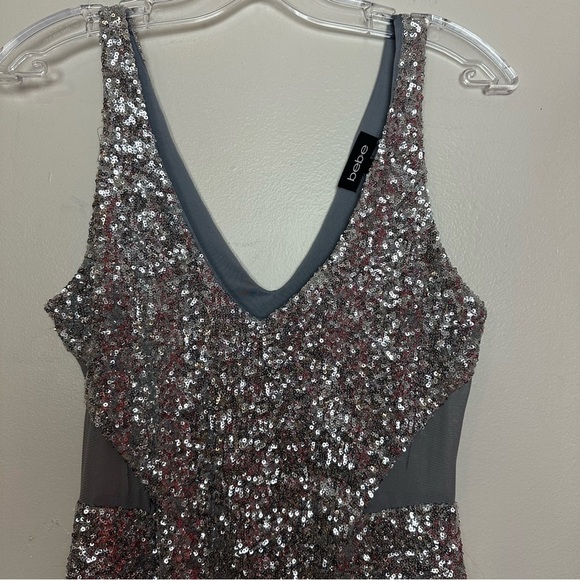 Bebe Silver Sequin Bodycon Sleeveless Mini Dress with Mesh Cutouts - Picture 10 of 14